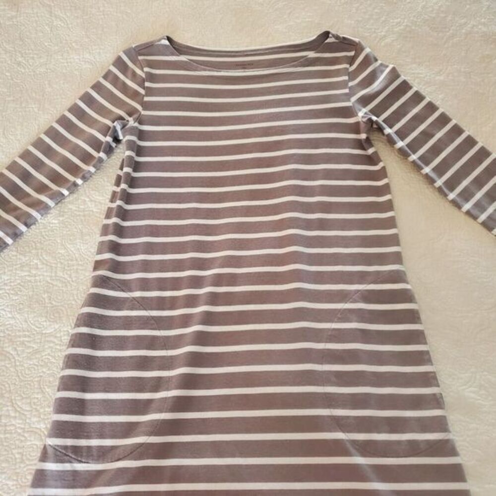 Garnet Hill Dress Cotton Gray White Stripe Shift Pockets Stretch Womens 2‎